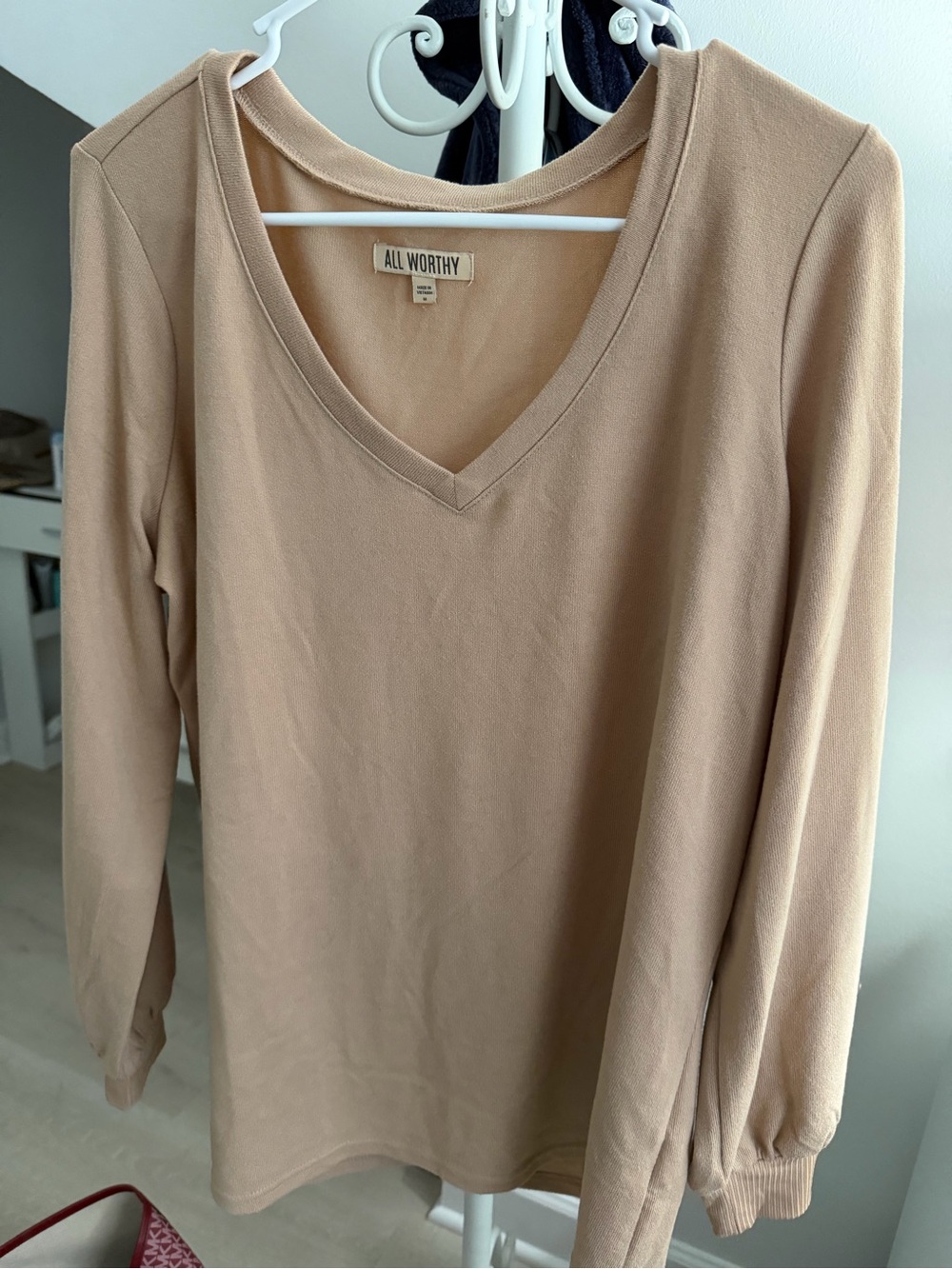All Worthy by Hunter McGrady V-Neck Long Sleeve Top in Beige
